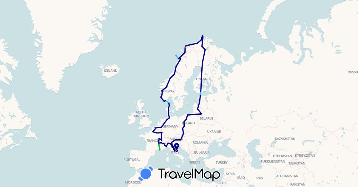 TravelMap itinerary: driving, bus, cycling, train, hiking, boat, hitchhiking in Austria, Czech Republic, Germany, Denmark, Estonia, Finland, France, Italy, Lithuania, Latvia, Norway, Poland (Europe)